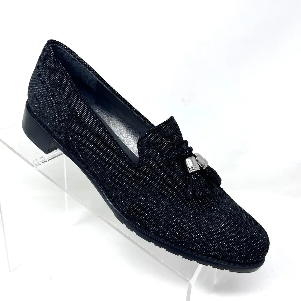 Stuart Weitzman Guy Thing Black Glitter Tassel Block Heel Loafers Womens 8.5 M‎